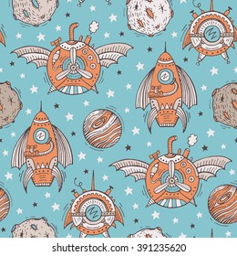 Seamless steampunk pattern. Space, spacecrafts, vector illustration