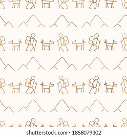 Seamless stick figure and dog hiking background pattern. Whimsical minimal neutral earthy 2 tone color. kids nursery wallpaper or boho cartoon camping fashion all over print. 