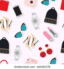 Seamless stickers pattern background with simple fashion flat objects vector illustration