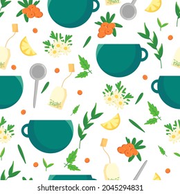 Seamless still life pattern. Afternoon tea time. Vector set of elements of the tea ceremony a tea bag, a cup and a variety of berry branches. Herbal tea with lavender, sea buckthorn, mint.