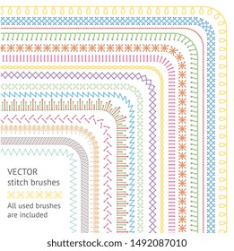 Seamless stitch brushes set of sewing seams vector illustration isolated on white background. Endless borders and page decorations. All used pattern brushes included.