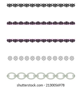 Seamless stitch brushes set of sewing seams vector illustration isolated on white background. Endless borders and page decorations. All used pattern brushes included.