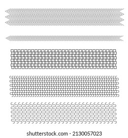 Seamless stitch brushes set of sewing seams vector illustration isolated on white background. Endless borders and page decorations. All used pattern brushes included.