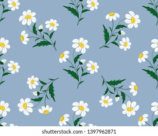Seamless stitch embroidered pattern with daisy flowers on a blue background. Vector