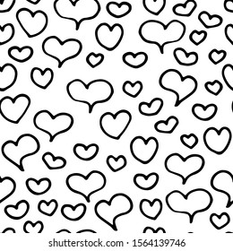 Seamless stock pattern of hand-drawn black outline hearts isolated on a white background. Valentine's Day February 14 Festive Element. Cute holiday symbol of Love for weddings or romantic decoration