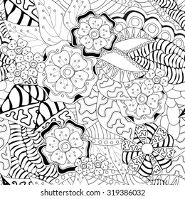 seamless stock vector floral black and white doodle pattern