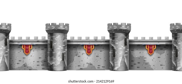 Seamless stone castle wall, vector gray medieval fortress border, old brick tower red flag on white. Fantasy game architecture background, rock ancient citadel royal fortification. Castle wall clipart