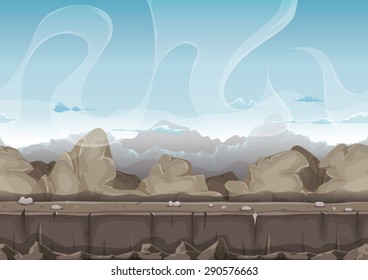 Seamless Stone And Rocks Desert Landscape For Ui Game/
Illustration of a seamless cartoon desert stone, rock and boulders landscape, with layers for parallax and mountains range background for ui game