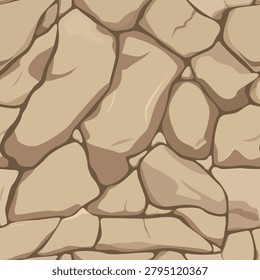 Seamless stone wall texture, cartoon brown rock pavement background.