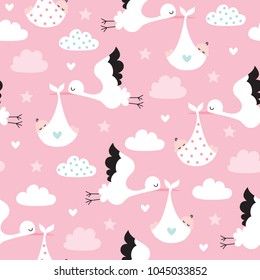 seamless stork with baby pattern vector illustration