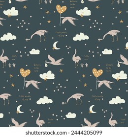 seamless stork with baby pattern vector illustration. Little bundle of joy