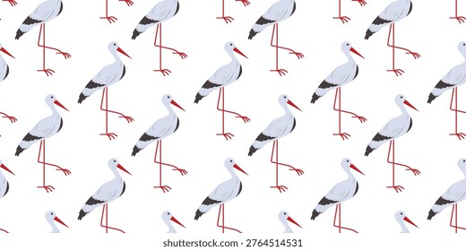 Seamless stork pattern with white birds and red beaks on a light background.