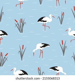 Seamless stork and reeds pattern. Vector swamp illustration.