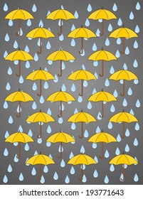 Seamless storm abstract background, various colorful umbrellas and blue rain drops on gray. Rainy season background sky with cloud and yellow umbrella. Vector art image illustration