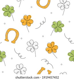 Seamless St.Patrick day background. Seamless minimalistic pattern with clover and horseshoe on white background