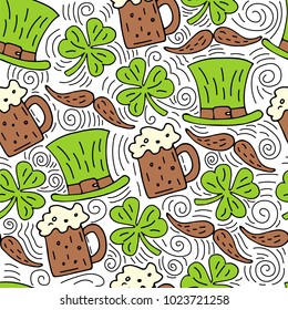 Seamless St.Patrick's day background with leprechaun hats, mustache, clover, beer.