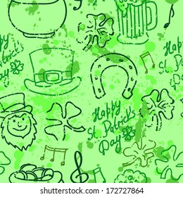 Seamless St.Patrick's day background. vector illustration hand drawn with textured background, hand drawn design element: beer, hat, ale, calendar, cauldron, clover, leprechaun, horseshoe, money, 