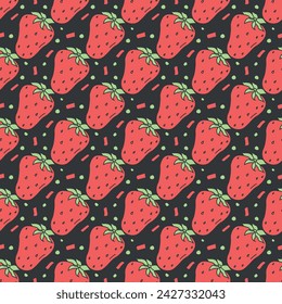 Patrón de fresas sin costura. Doodle vector con iconos de fresas rojas. Patrón de fresas vintage