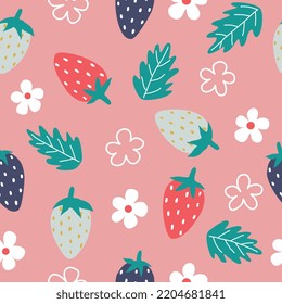 seamless strawberries pattern with strawberries ,leaves and flowers on a pink background.

