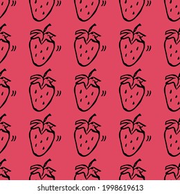 Seamless strawberries vector pattern. Doodle vector with strawberries icons on red background. Vintage strawberries pattern, sweet elements background for your project, menu, cafe shop. 