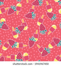 Seamless strawberries vector pattern. Repeat fruit background with ice lolly food elements. Trendy pink summer fashion print design. Modern illustration.
