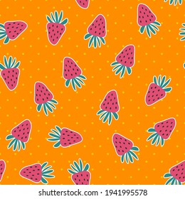 Seamless strawberries vector pattern. Repeat fruit background with polka dots and food elements. Trendy orange summer fashion print design. Modern illustration.