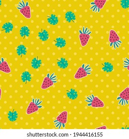 Seamless strawberries vector pattern. Repeat summer fruit background with food and tropical leaves elements. Trendy bright yellow fashion print design. Modern illustration.