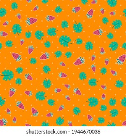 Seamless strawberries vector pattern. Repeat summer fruit background with food and tropical leaves elements. Trendy orange fashion print design. Modern illustration.