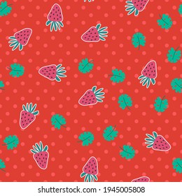 Seamless strawberries vector pattern. Repeat summer fruit background with food and tropical leaves elements. Trendy red fashion print design. Modern illustration.