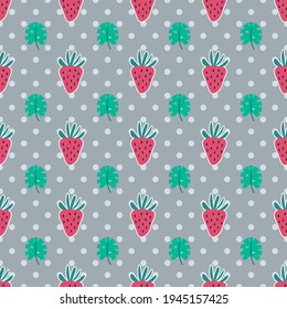 Seamless strawberries vector pattern. Repeat summer fruit background with food and tropical leaves elements. Trendy grey fashion print design. Modern illustration.