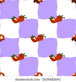Seamless Strawberry Checker Pattern. Seamless pattern with fresh strawberries and wavy checkerboard background in lilac and white. Flat cartoon style with sweet and fruity summer theme.
