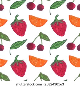 Seamless Strawberry, Cherry, and Orange Fruit Pattern