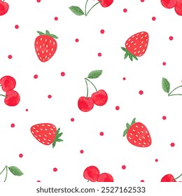 Seamless strawberry and cherry pattern. Vector background with watecolor red berries