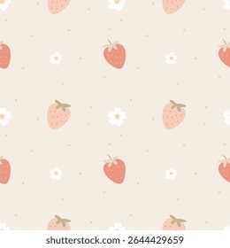 Seamless strawberry and daisy pattern in soft pastel colors on a light cream background. Perfect for kids' textiles, nursery designs, summer stationery, fabric printing, packaging