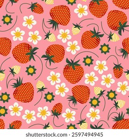 Seamless strawberry and floral pattern. Berries and flowers on the pink background.