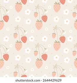 Seamless strawberry and flower pattern in soft pastel tones. A cute, minimalistic summer-themed design perfect for children's textiles, baby clothes, nursery decor, stationery, and wrapping paper.