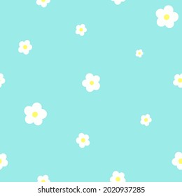 Patrón de flores de fresa sin foco. Flores cuadradas simples vectoriales blancas sobre fondo azul claro para impresión, envoltura, tela, textil, decoración. Flores de fresa en posición aleatoria. 
