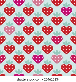 Seamless strawberry fruit heart with polka dot filling background pattern in vector