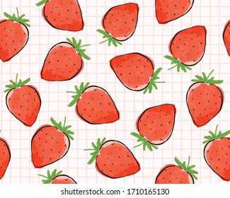 Seamless strawberry with grid pattern background.