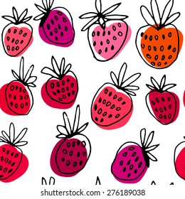 Seamless strawberry hand drawn vector pattern.  Black and white graphic with color patchs. 