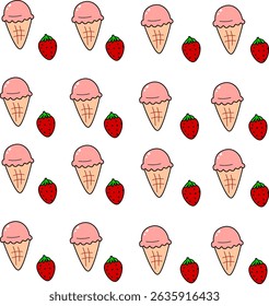 Seamless Strawberry Ice Cream Cone and Fruit Vector Pattern for Summer Dessert Packaging, Fabric, and Kids Product Design