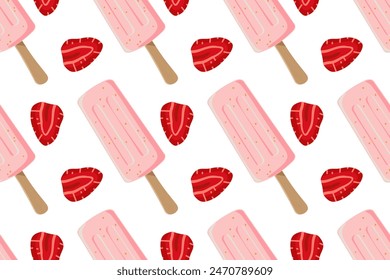 Seamless Strawberry icecream and red berry pattern. Slice fruit and popsicle. Dessert food. Organic tropical food eco template for wallpaper, textile, wrapping, scrapbooking. Repeated background.