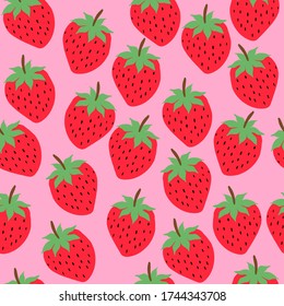 Seamless strawberry illustration. Modern strawberry seamless pattern. Big red round strawberries on pink. Fresh summer fruits. Big vibrant berries. Berry pattern design for textile, web banner, cards.