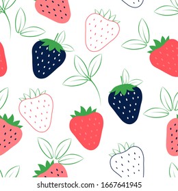 Patrón de fresa sin mar. Ilustración abstracta con fresas en un estilo plano sobre un fondo blanco para el diseño, plantilla, mapa, impresión, textura. Todos los elementos son editables.Vector