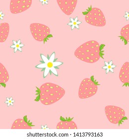 Seamless strawberry pattern. The berries and flowers of strawberries on pink background. Vector illustration