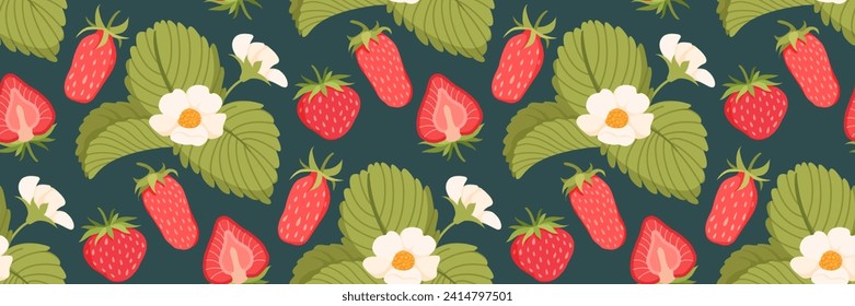 Patrón de fresa sin foco. Berries, flores y hojas en un fondo oscuro. Arbusto de fresa. Impresión floral para su diseño, ropa, papel de embalaje, embalaje. Ilustración plana vectorial.