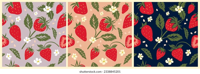 Seamless Strawberry pattern with berries, leaves, flowers. Fruit repeated background. Hand drawn vector illustration for summer romantic cover, tropical wallpaper, vintage texture, fabric, packaging