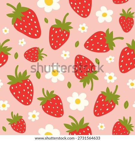 Seamless strawberry pattern with cute berries, flowers and leaves on a soft pink background. Sweet summer illustration for textiles, kids design, packaging, wallpaper and wrapping paper