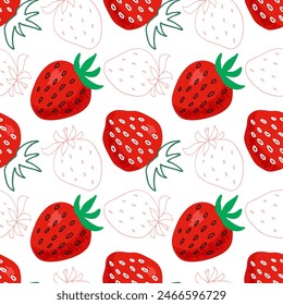 Seamless Strawberry pattern. Doodle sketch with Red Berry background. Vector sweet berries organic food for dessert menu, invitation, wallpaper, textile, wrapping, packaging. Summer tropical element.