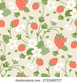 Patrón de fresa sin fisuras con bayas planas dibujadas a mano, hojas y flores blancas sobre fondo pastel suave. Diseño colorido del Vector para la tela, empaquetado, Fondo de pantalla, o tarjetas, materia textil